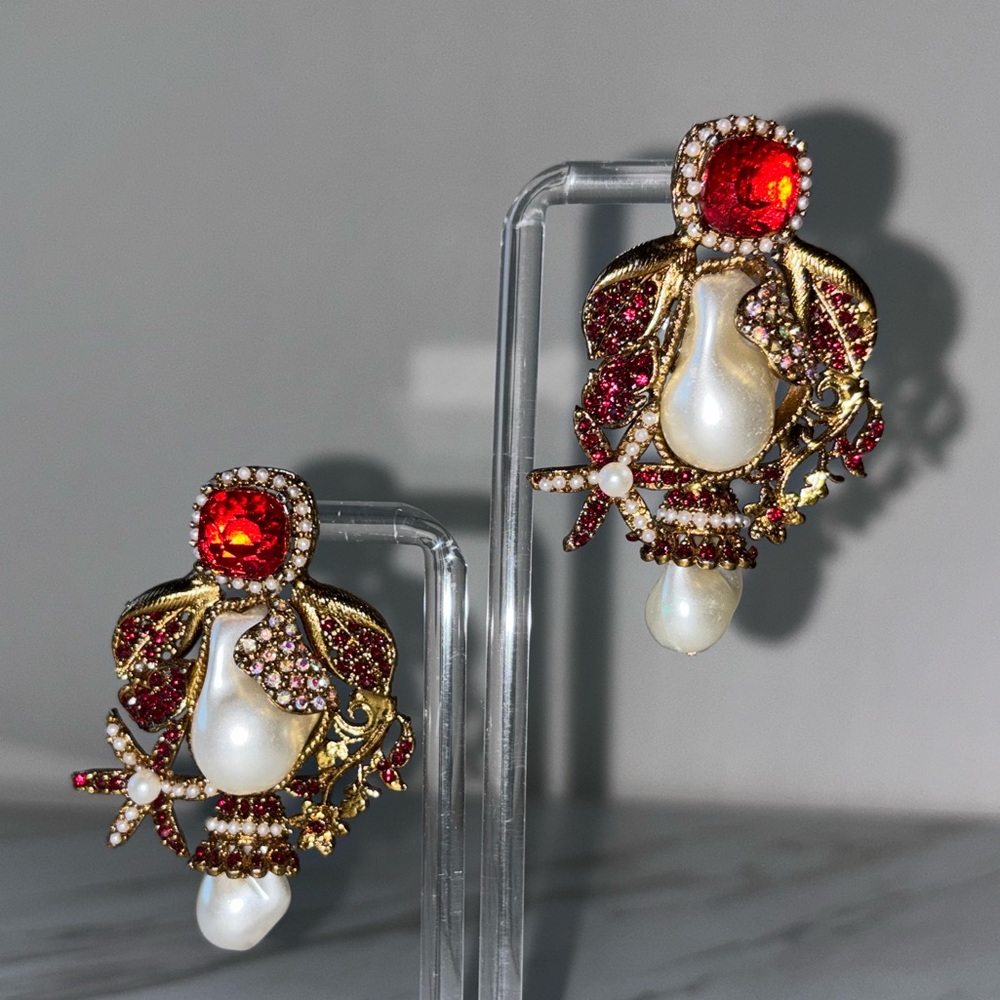 Turkish Red and Gold Pearl Earrings